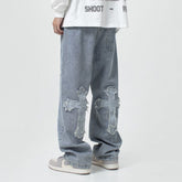 Men Jeans Cross Patchwork Jeans Hip Hop Straight Loose-Fitting Wide-Leg Trousers